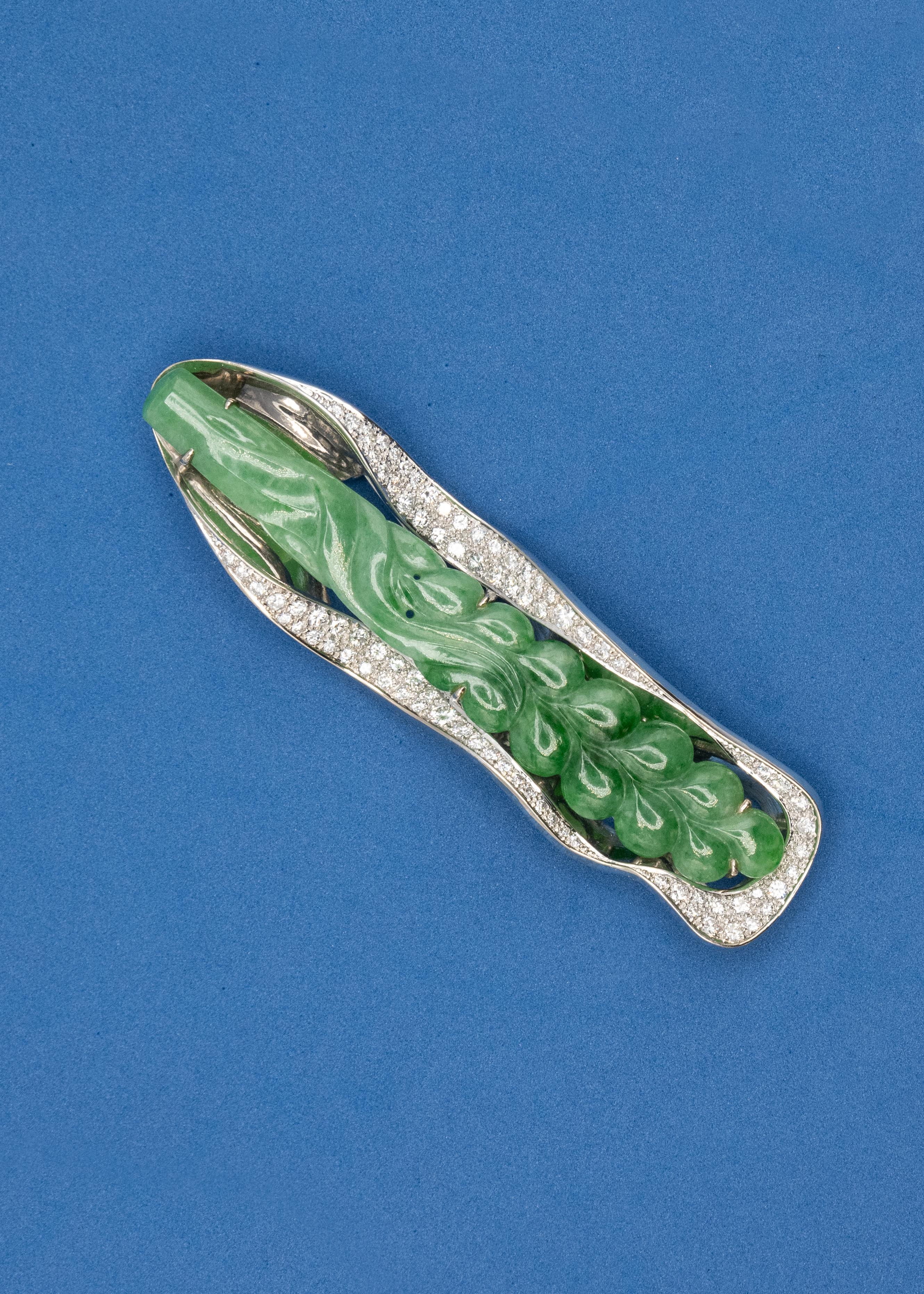 18K White Gold Diamond Carved Jade Pendant/Brooch Choker Wire Necklace For Sale 2