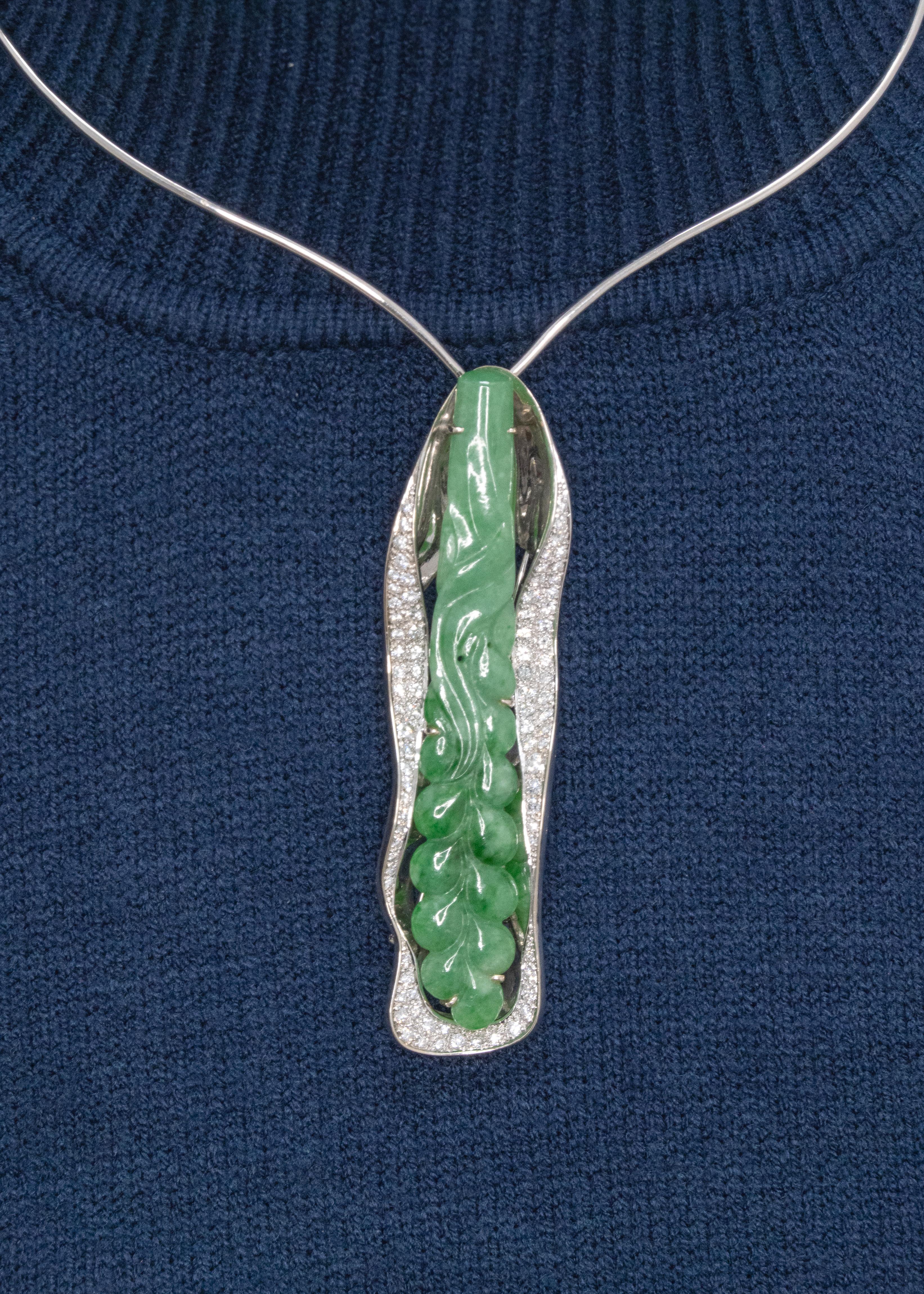 18K White Gold Diamond Carved Jade Pendant/Brooch Choker Wire Necklace For Sale 3