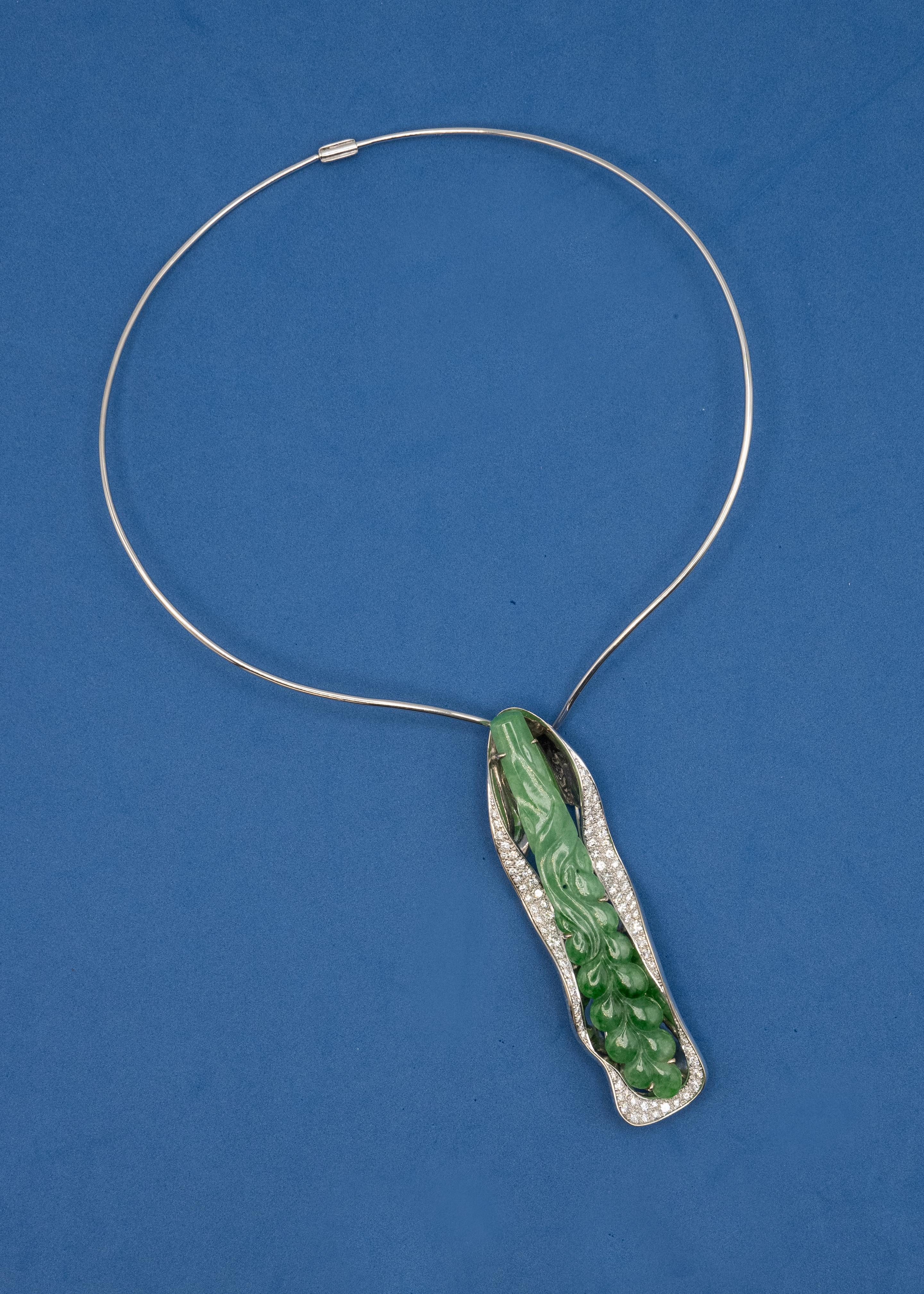Brilliant Cut 18K White Gold Diamond Carved Jade Pendant/Brooch Choker Wire Necklace For Sale