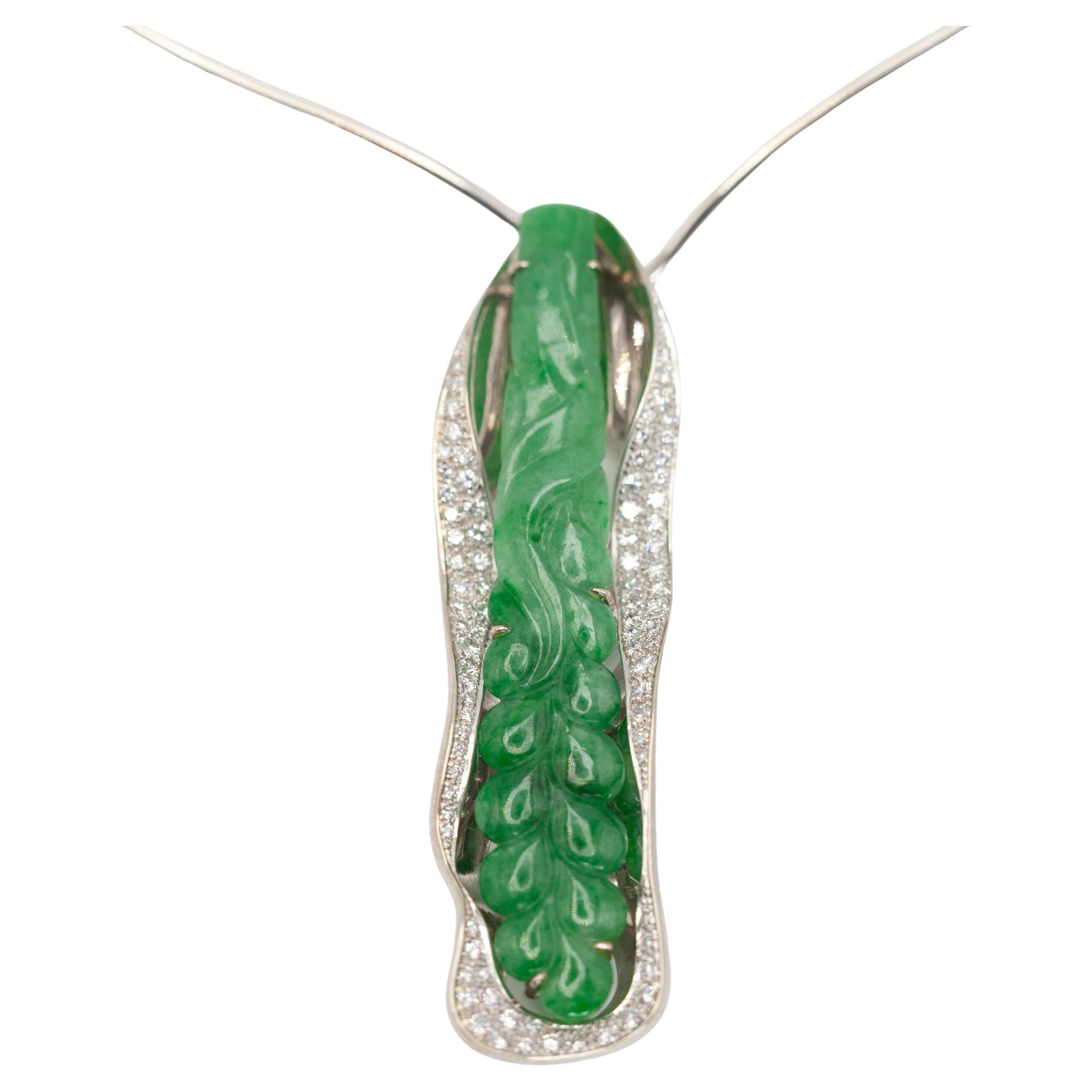 18K White Gold Diamond Carved Jade Pendant/Brooch Choker Wire Necklace