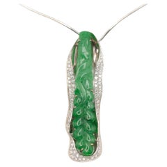 18K White Gold Diamond Carved Jade Pendant/Brooch Choker Wire Necklace