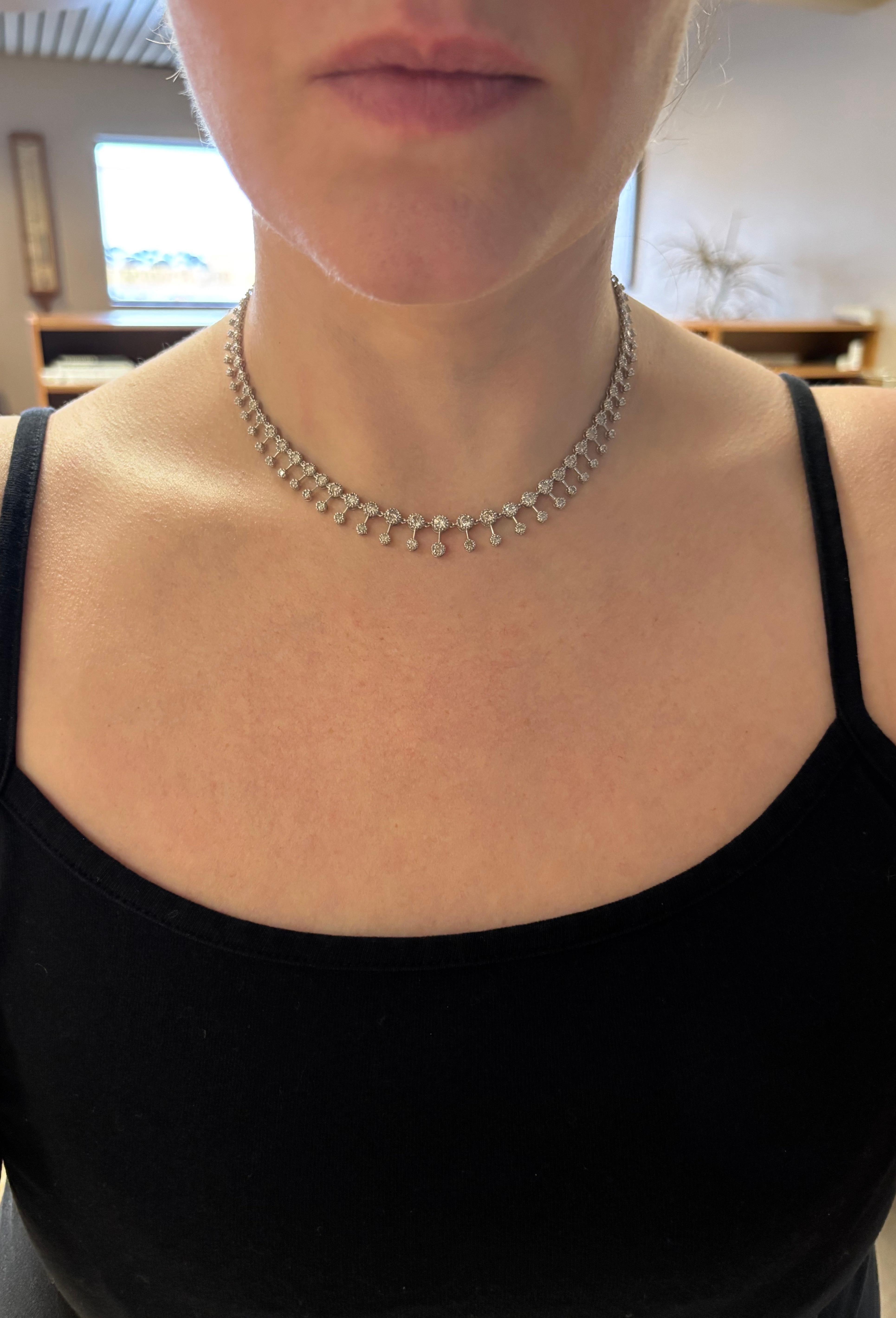 Stunning diamond choker necklace crafted in 18k white gold. 
 
Gemstone: Earth Mined Diamond
Diamond Carat Weight: 5.00CTW 
Diamond Color: G-I
Diamond Clarity: SI1-I2
Diamond Cut: Round Brilliant Cut
Metal: 18K White Gold 
Necklace Length: