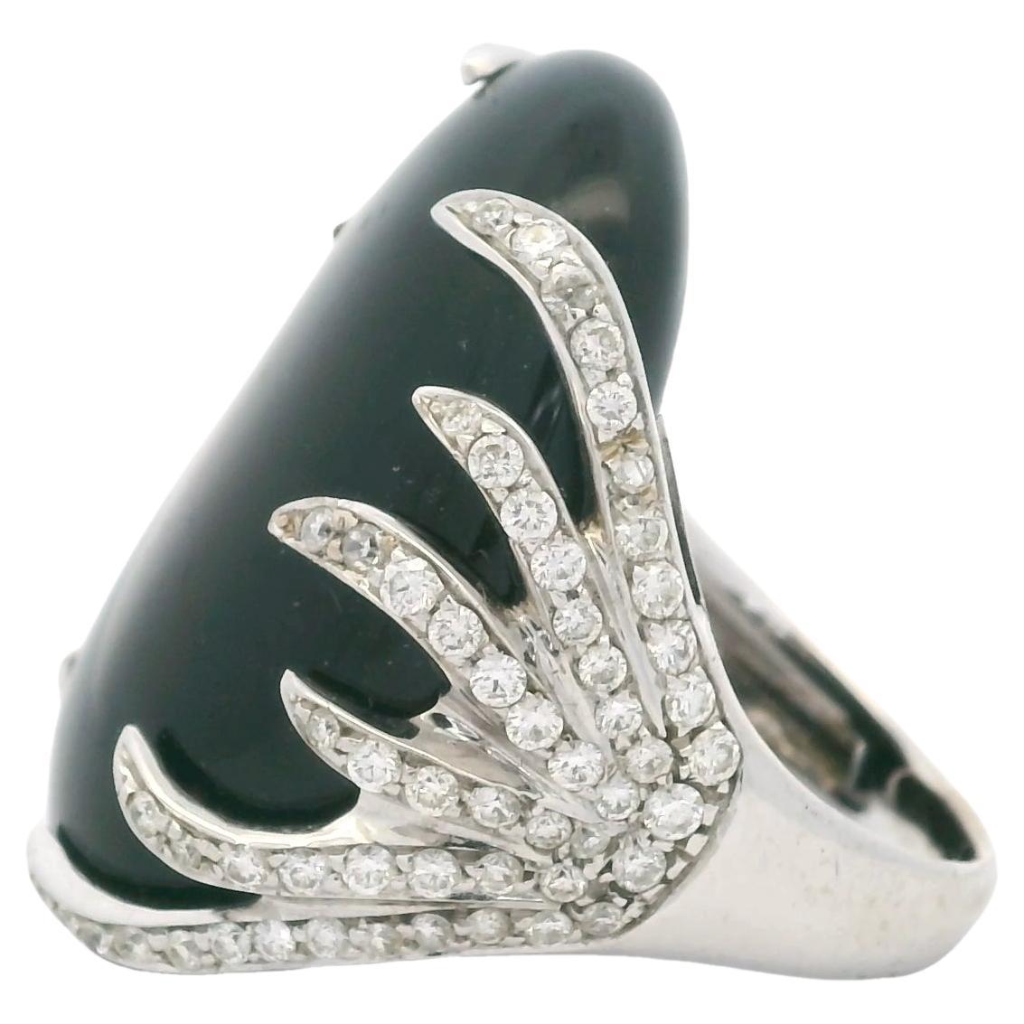 18K White Gold Diamond Claw Onyx Cocktail Ring, 2 Carats For Sale