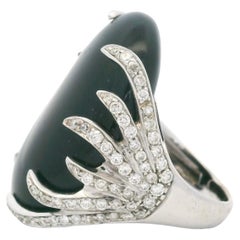 18K White Gold Diamond Claw Onyx Cocktail Ring, 2 Carats