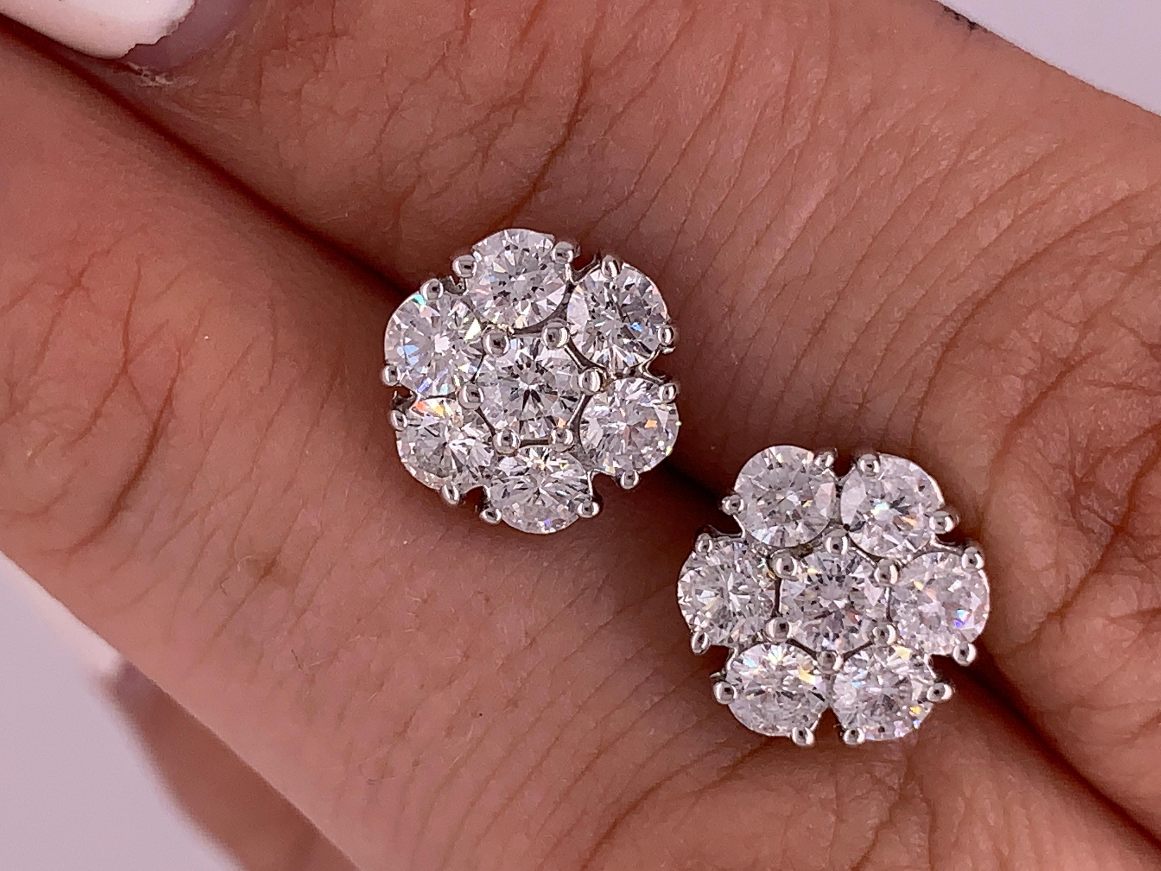 Women's or Men's 18 Karat White Gold Diamond Cluster Earrings