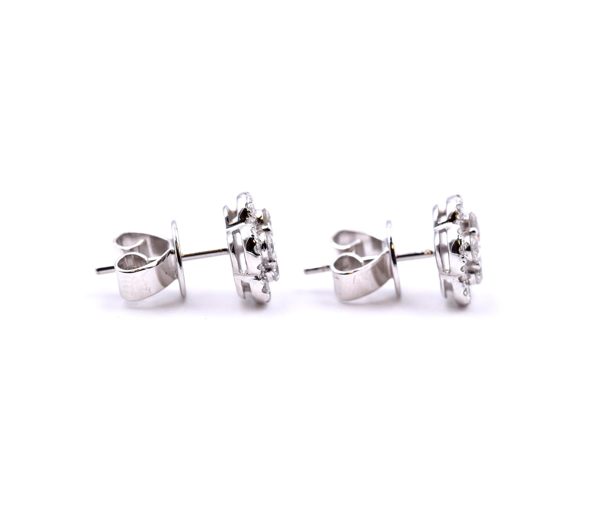 Designer: custom designed
Material: 18k white gold
Diamonds: 56 round brilliant cut= 0.35cttw
Color: G
Clarity: VS
Dimensions: earrings are approximately 9mm in diameter
Fastenings: post with friction backs
Weight: 2.90 grams
