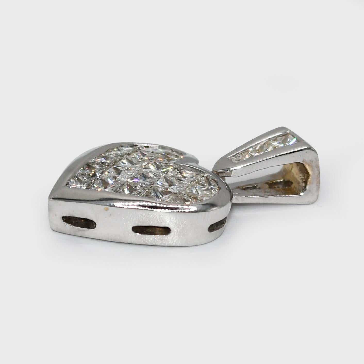 Princess Cut 18K White Gold Diamond Cluster Heart Pendant 2.00tdw, 7g For Sale