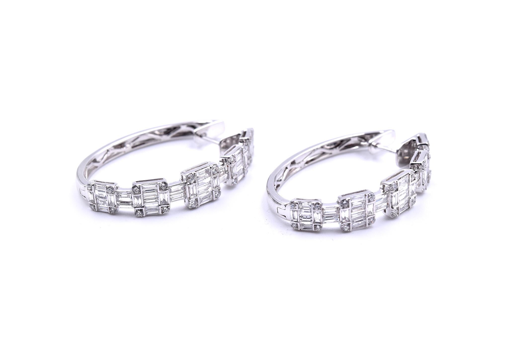 Designer: custom designed
Material: 18k white gold
Diamonds: 40 round brilliant cut= 2.51cttw
Color: G
Clarity: VS
Dimensions: earrings are approximately 35mm by 6.76mm
Fastenings: huggie style
Weight: 10.60 grams
