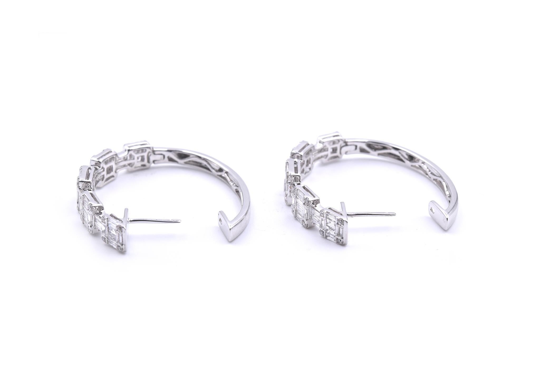18 Karat White Gold Diamond Cluster Mosaic Hoop Earrings In Excellent Condition In Scottsdale, AZ