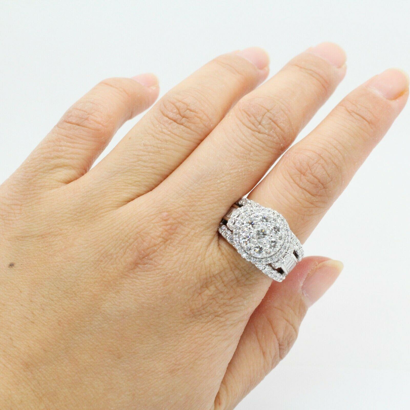 18k White Gold Diamond Cluster Round and Baguette Ring 1