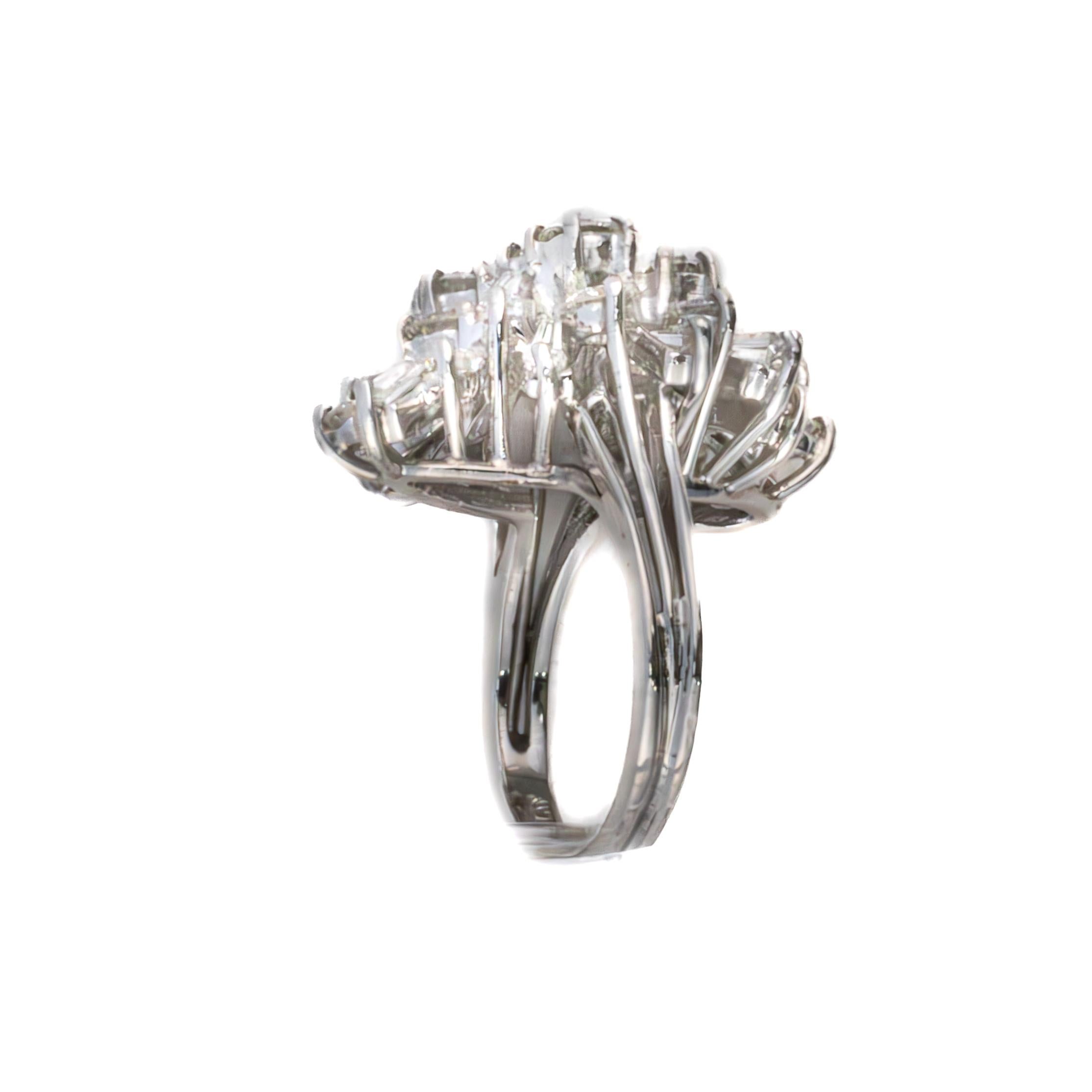 18K White Gold Diamond Cluster Spray Ring

Description: This 18K white gold ring showcases a dynamic cluster of round and baguette-cut diamonds arranged in an elegant spray formation, creating a brilliant burst of light across the finger. The