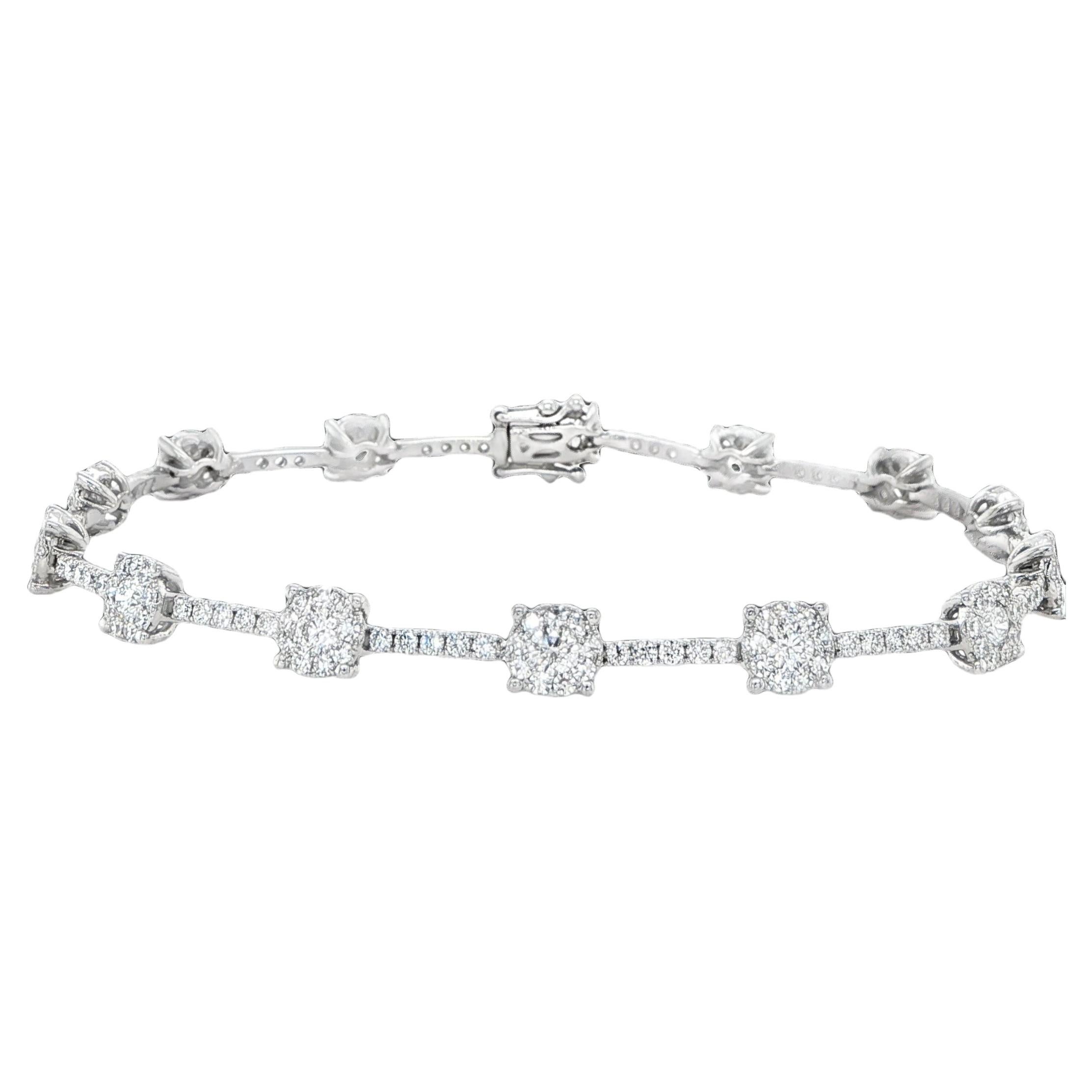18K White Gold Diamond Cluster Station Bracelet