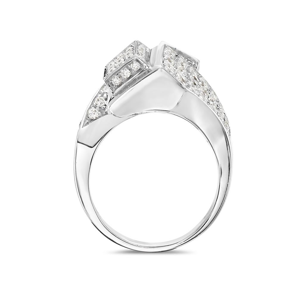 This cocktail ring features 2.38 carats of G VS pave diamonds set in 18K white gold. 17 grams total weight. Made in Italy. Size 7.5 

Resizeable upon request. 

Viewings available in our NYC showroom by appointment.