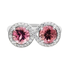 18k White Gold Diamond Cocktail Ring w Two 1.76 Carats Round Pink Tourmalines