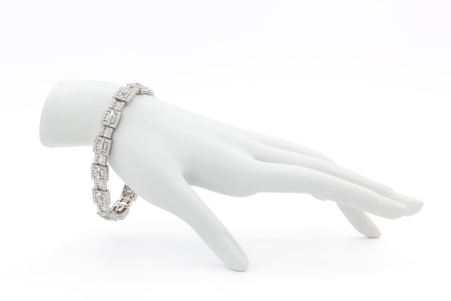 18k White Gold Diamond Contemporary Baguette Diamond Tennis Line Bracelet 8.38ct For Sale 6