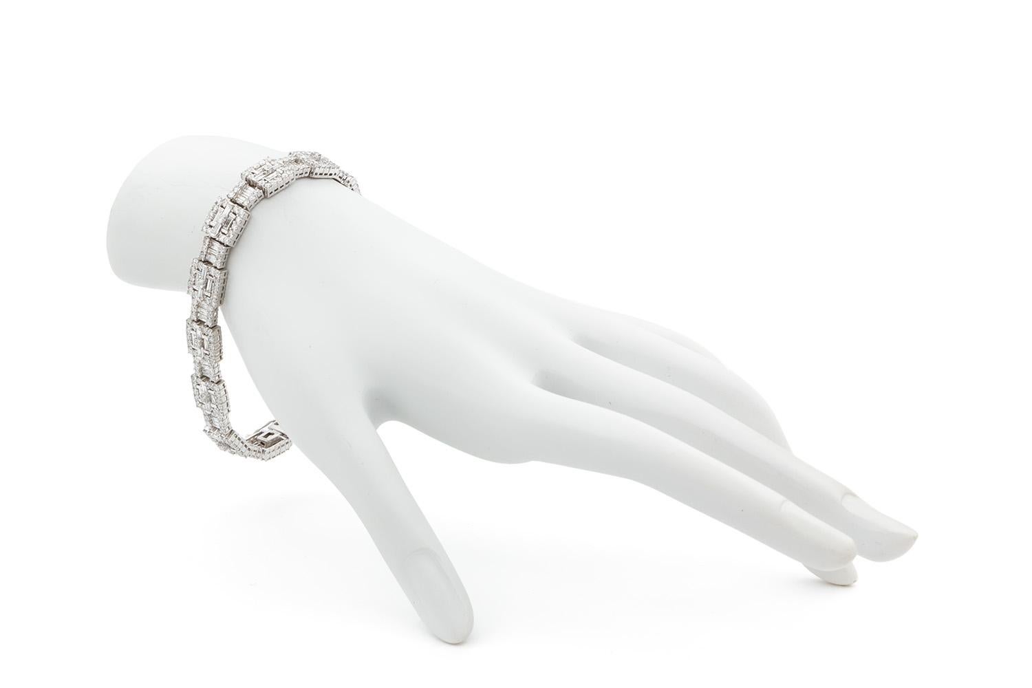 18k White Gold Diamond Contemporary Baguette Diamond Tennis Line Bracelet 8.38ct For Sale 7