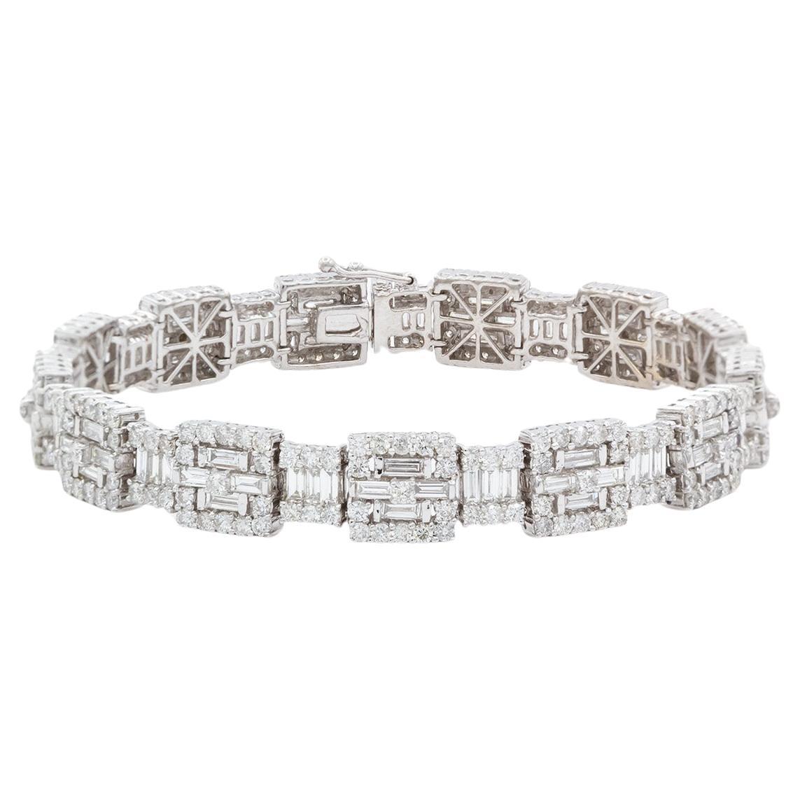 18k White Gold Diamond Contemporary Baguette Diamond Tennis Line Bracelet 8.38ct For Sale