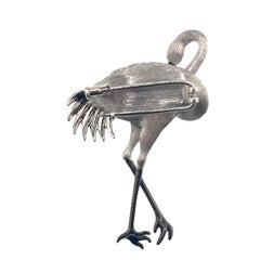 18K White Gold Diamond & Coral Chinese Crane Brooch Pendant