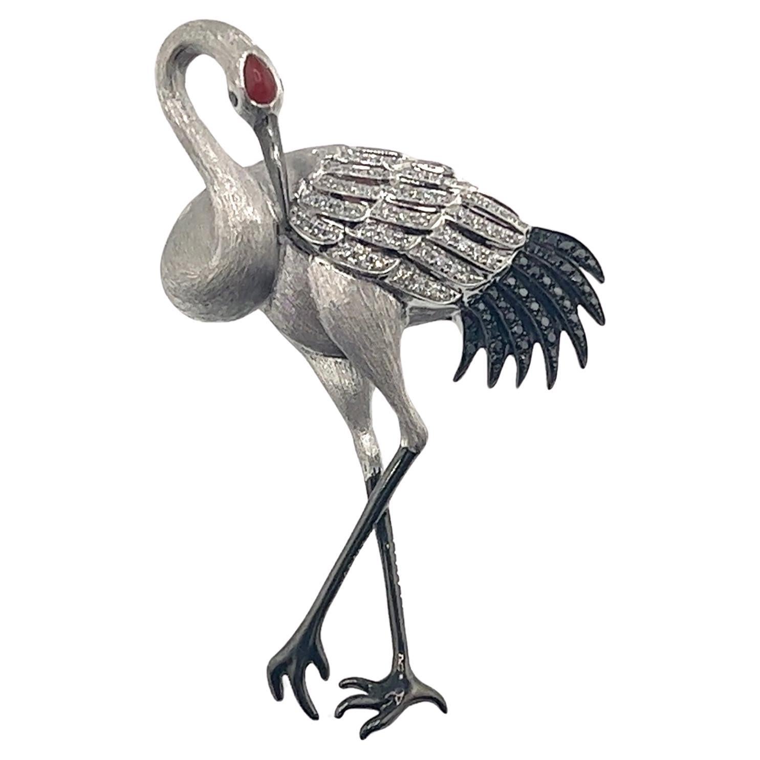 18K White Gold Diamond & Coral Chinese Crane Brooch Pendant