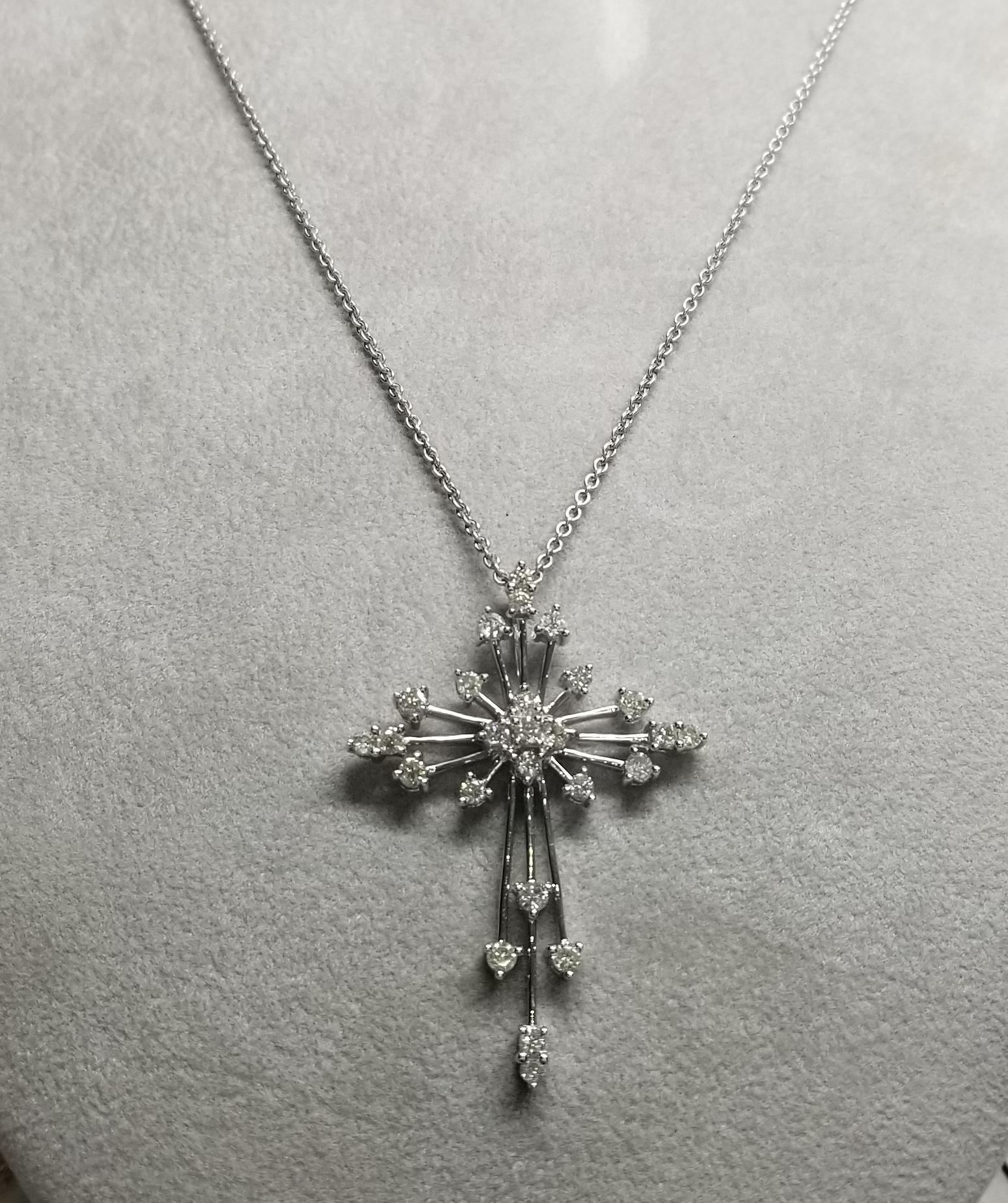 Women's or Men's 18k White Gold Diamond Cross 1.00 Ct.s in Starburst Setting For Sale