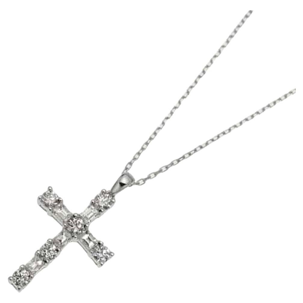 18K White Gold Diamond Cross Pendant Necklace, 0.62ct For Sale