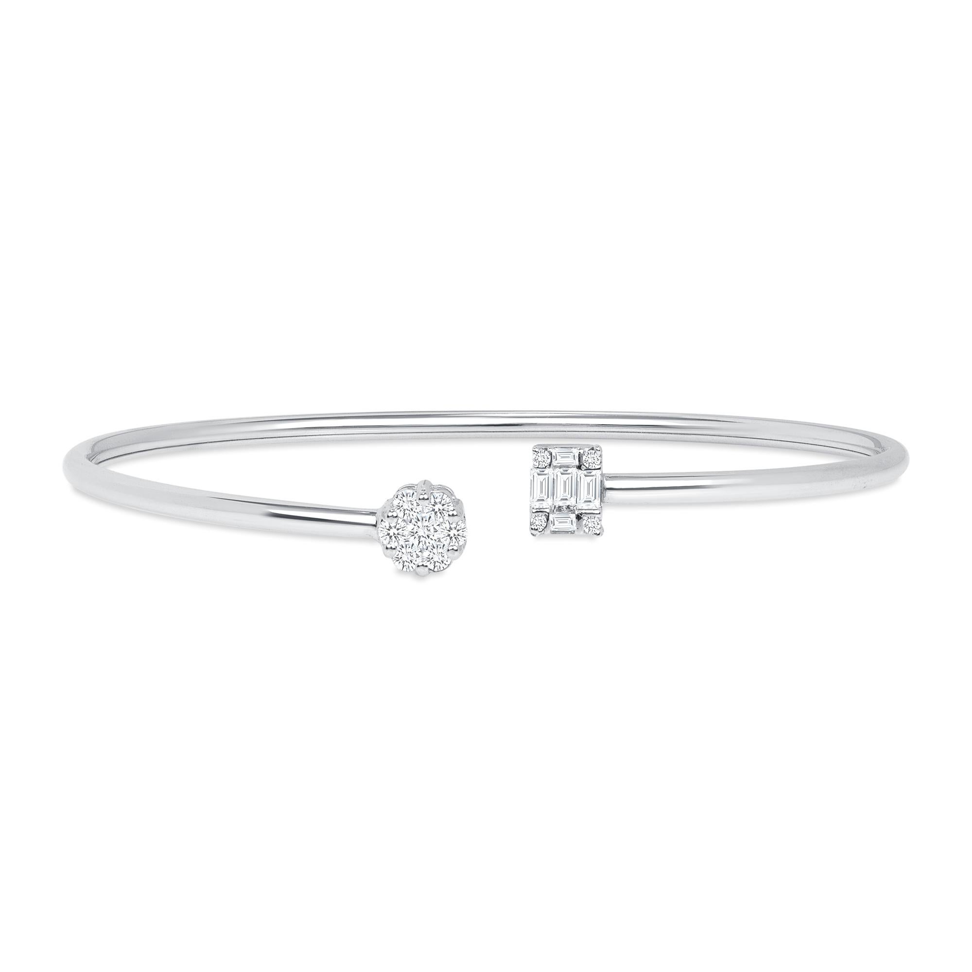 18k White Gold Diamond Cuff Bangle Bracelet, 0.50 ct Diamond Bracelet, Open Cuff Bangle, Illusion Bracelet

Description

This is a beautiful diamond design 18k Gold bangle. encrusted with Round and Baguette Natural Diamonds. The illusion provided by