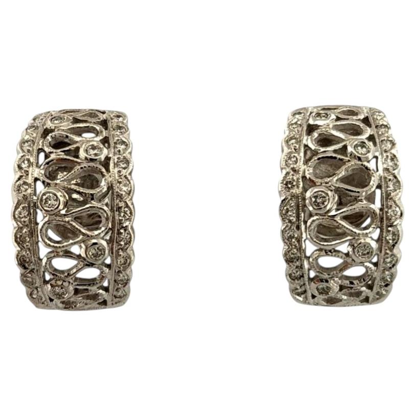 18K White Gold Diamond Cutout Hoop Earrings 0.21ctw Scalloped Jumbo Backs