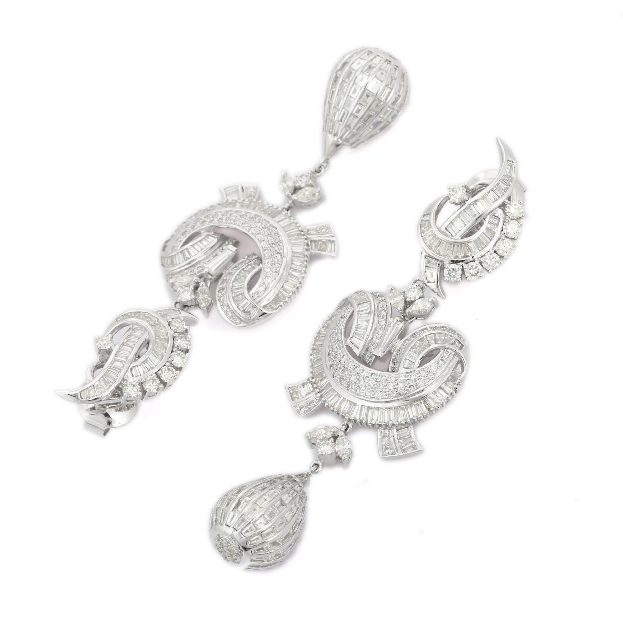 Art Deco 18k Solid White Gold Designer 15.87 Carat Diamond Dangle Earrings for Her For Sale