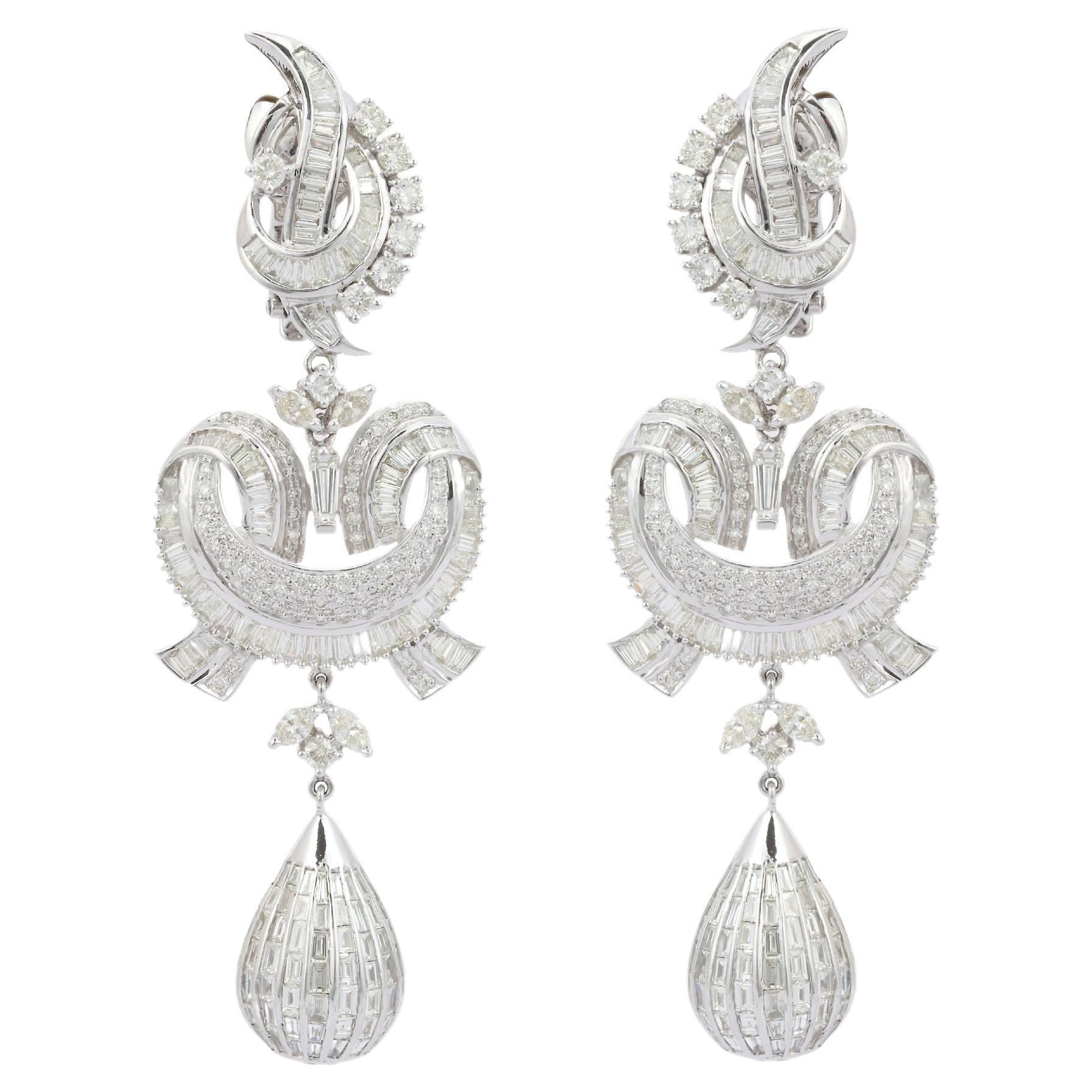 18k Solid White Gold Designer 15.87 Carat Diamond Dangle Earrings for Her