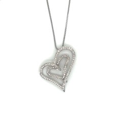18K White Gold Diamond Double Floating Heart Pendant Necklace