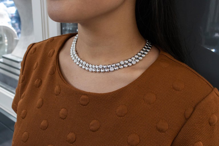 18k White Gold Diamond Double Strand Ball Necklace In Excellent Condition For Sale In New York, NY