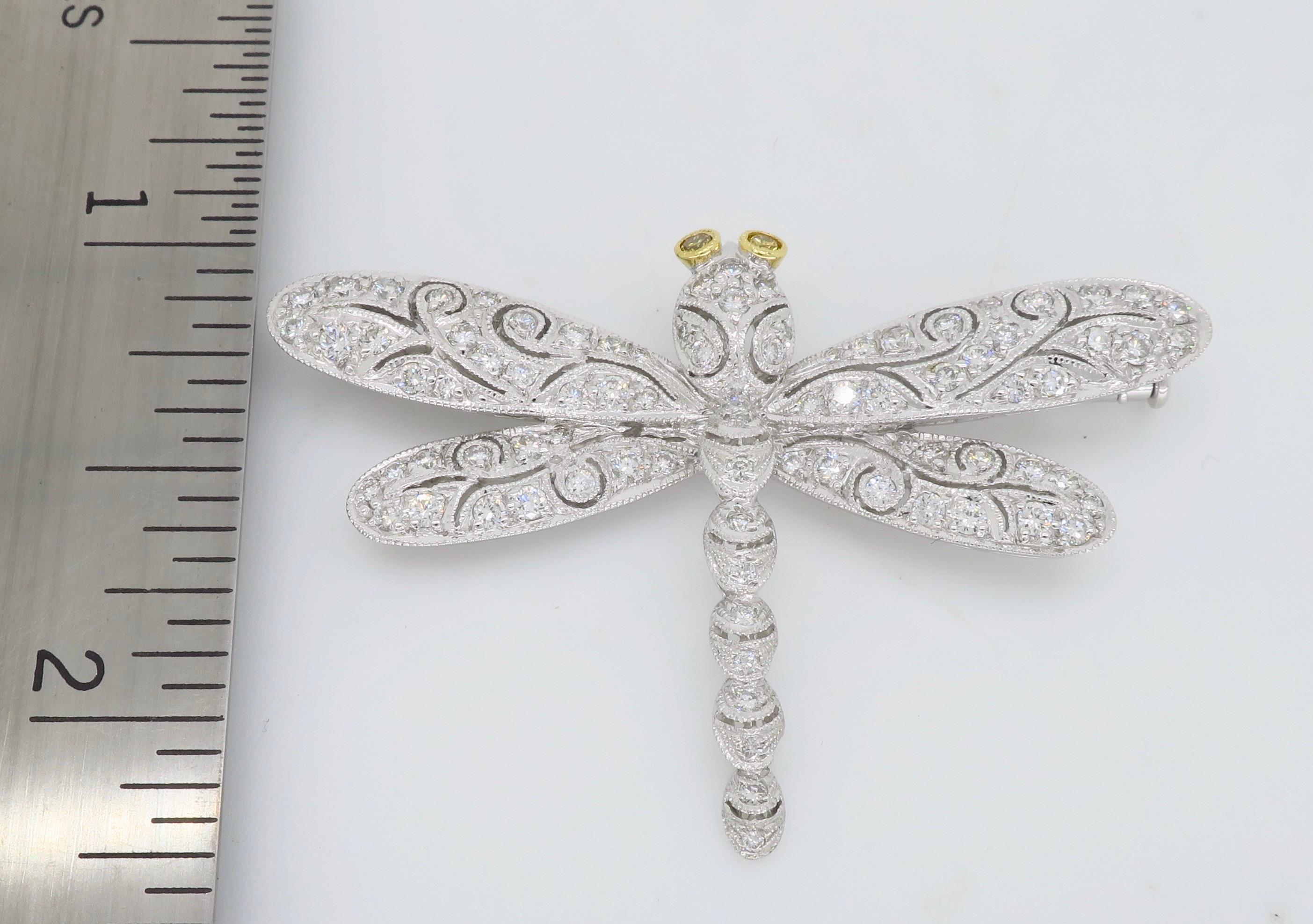 18 Karat White Gold Diamond Dragonfly Brooch In Excellent Condition In Webster, NY