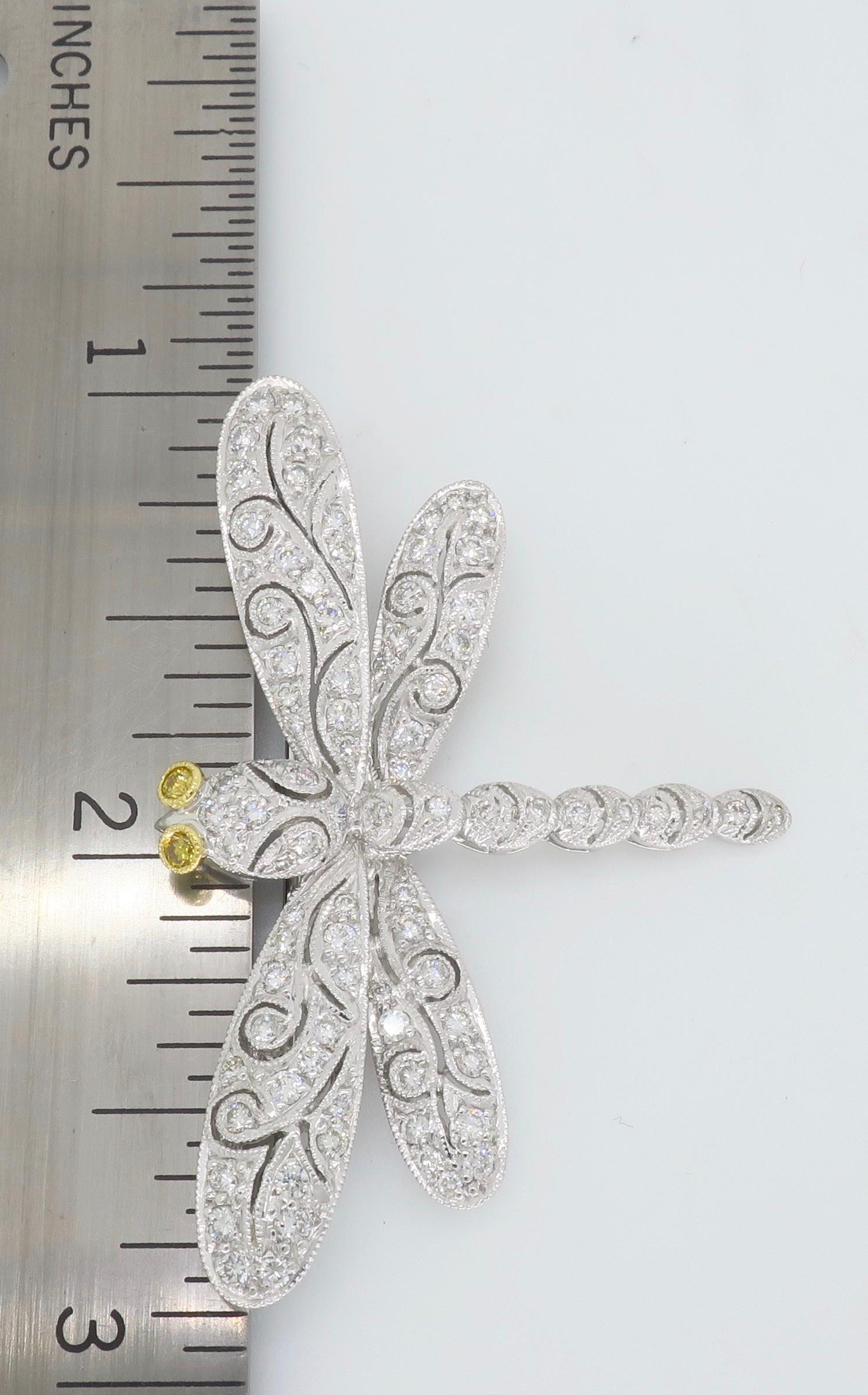 Women's or Men's 18 Karat White Gold Diamond Dragonfly Brooch