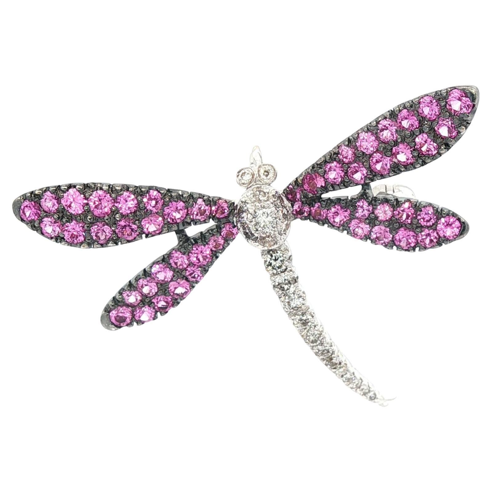 Spilla con libellula in oro bianco 18 carati con diamanti e ali di zaffiro rosa