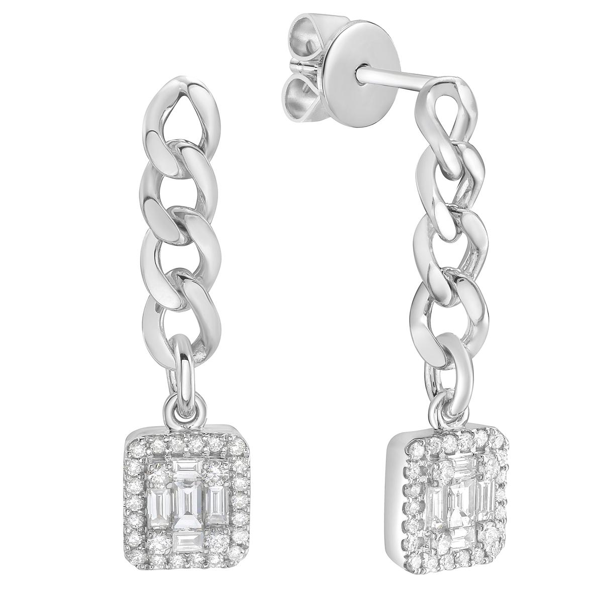 These 18K White Gold Diamond Drop Link Earrings are a perfect mix of style and sparkle. Made from 18K white gold, they have a total weight of 4.6 grams, making them light and easy to wear all day. The earrings feature 52 round diamonds totaling 0.28