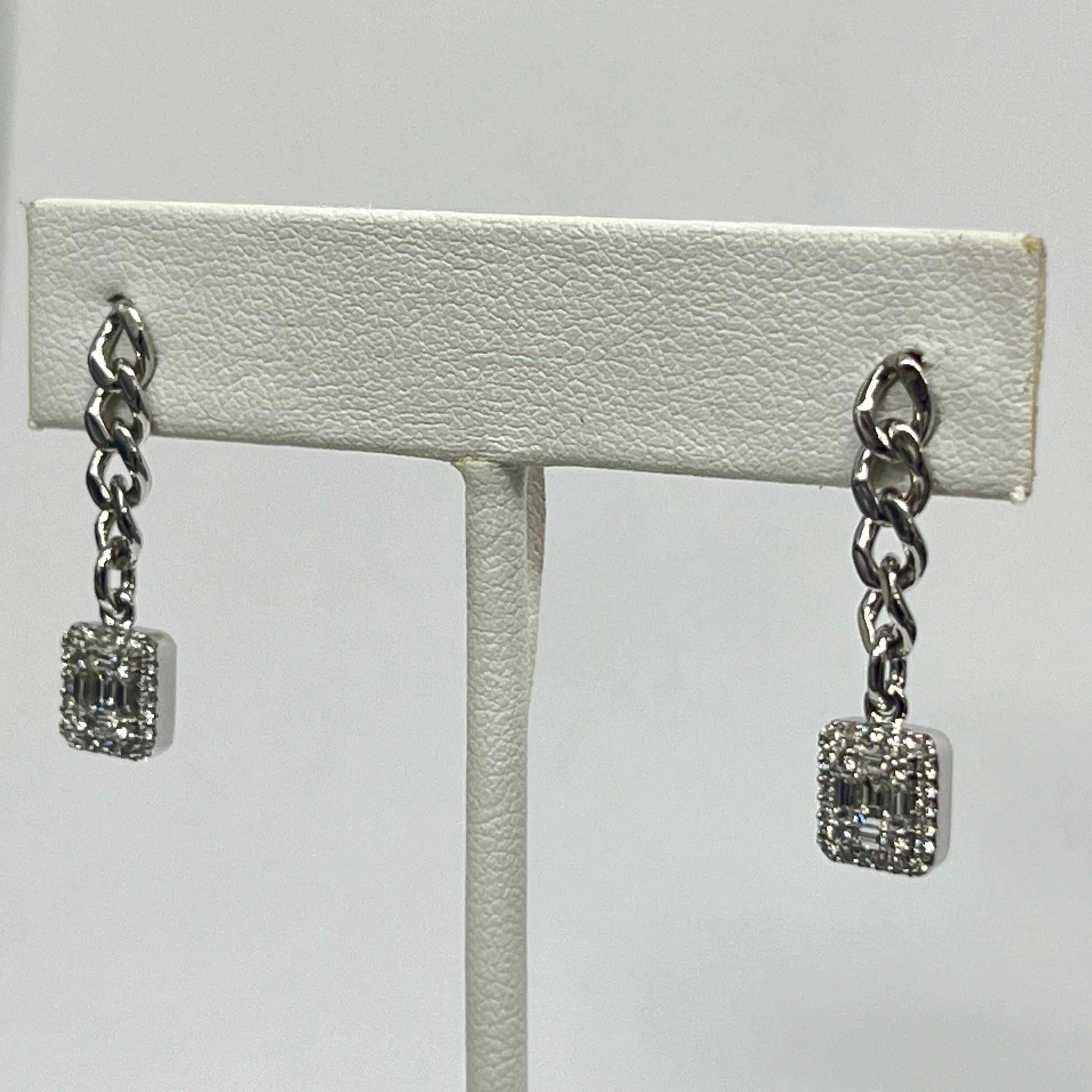 Modern 18K White Gold Diamond Drop Link Earrings For Sale