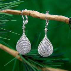 18K White Gold Diamond Drop Rock Crystal Earrings w/ Hand Engraved Cage Setting