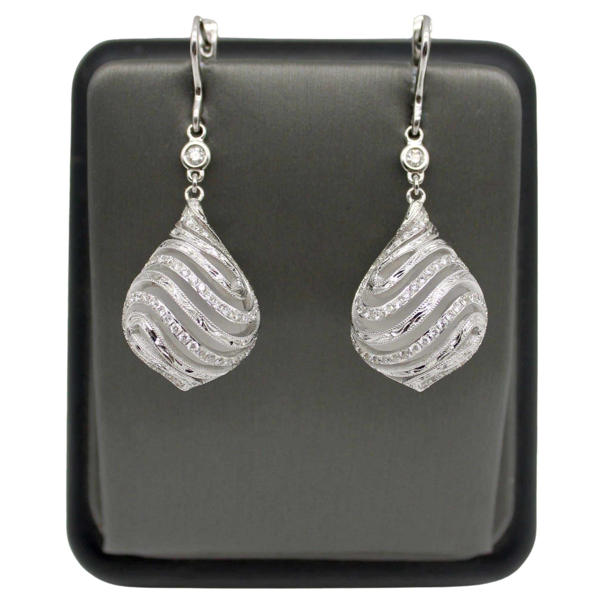 18K White Gold Diamond Drop Rock Crystal Earrings w/ Hand Engraved Cage Setting