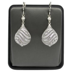 18K White Gold Diamond Drop Rock Crystal Earrings w/ Hand Engraved Cage Setting