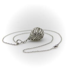 18K White Gold Diamond Drop Rock Crystal Necklace w/ Hand Engraved Cage Setting