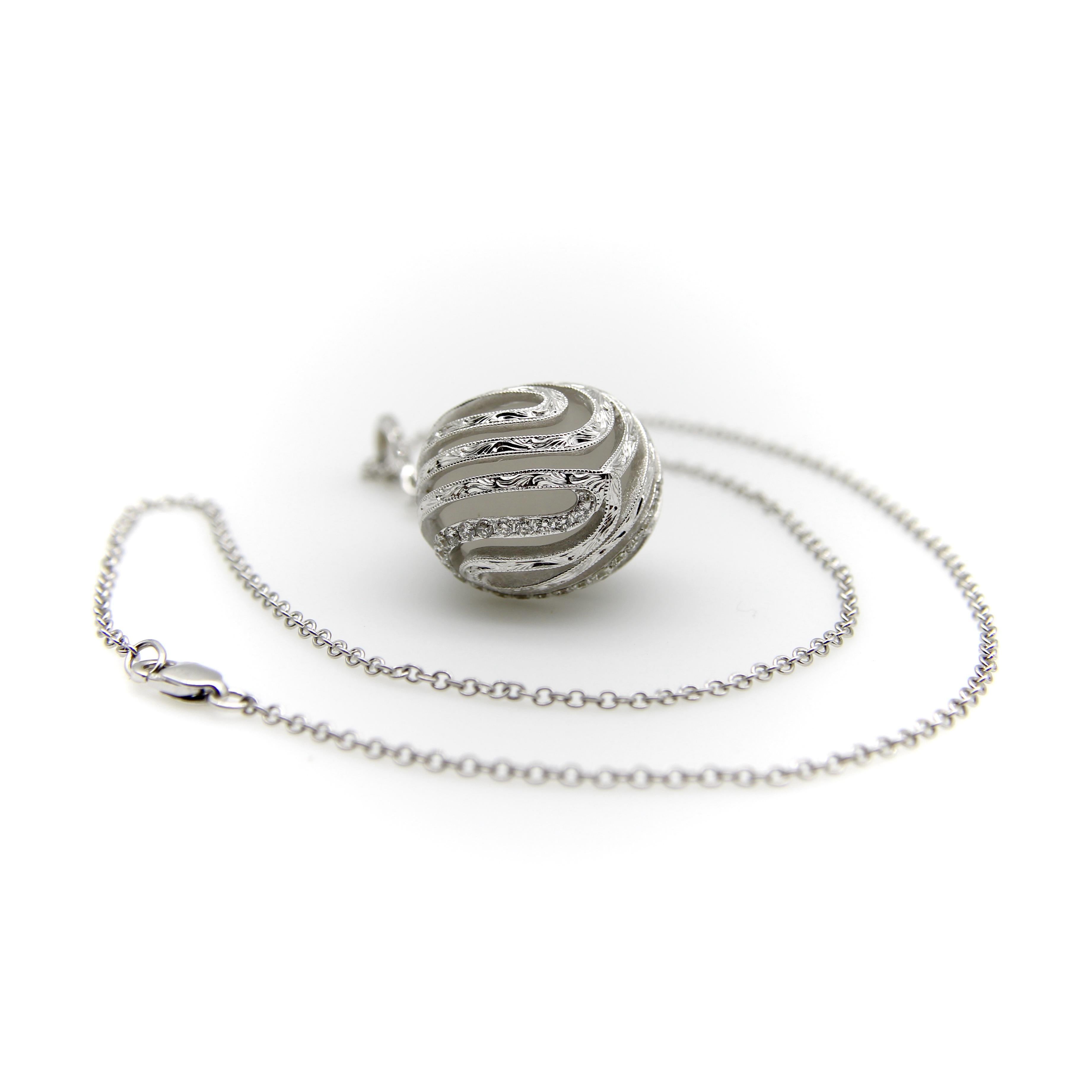 Modern 18K White Gold Diamond Drop Rock Crystal Necklace w/ Hand Engraved Cage Setting For Sale