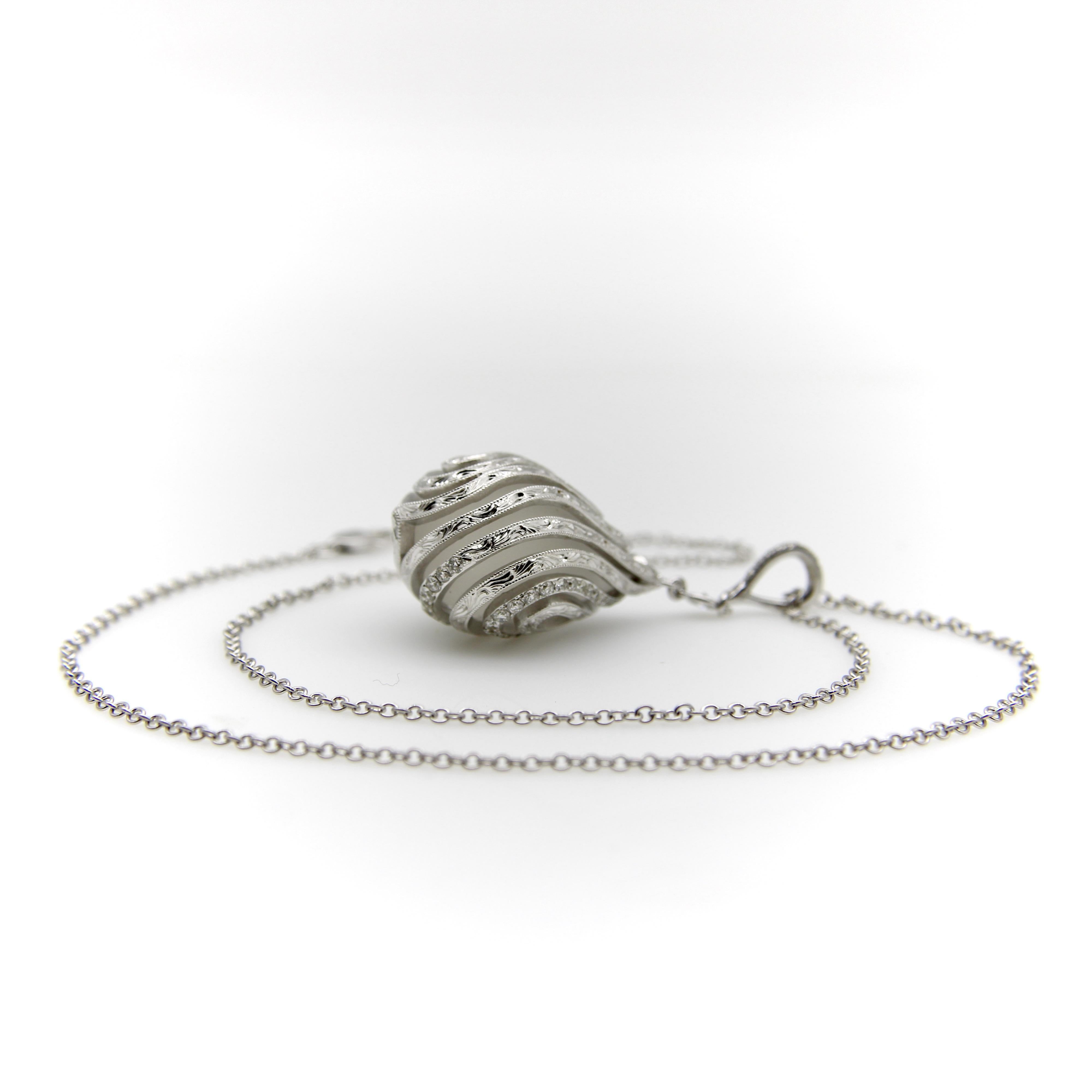 Round Cut 18K White Gold Diamond Drop Rock Crystal Necklace w/ Hand Engraved Cage Setting For Sale
