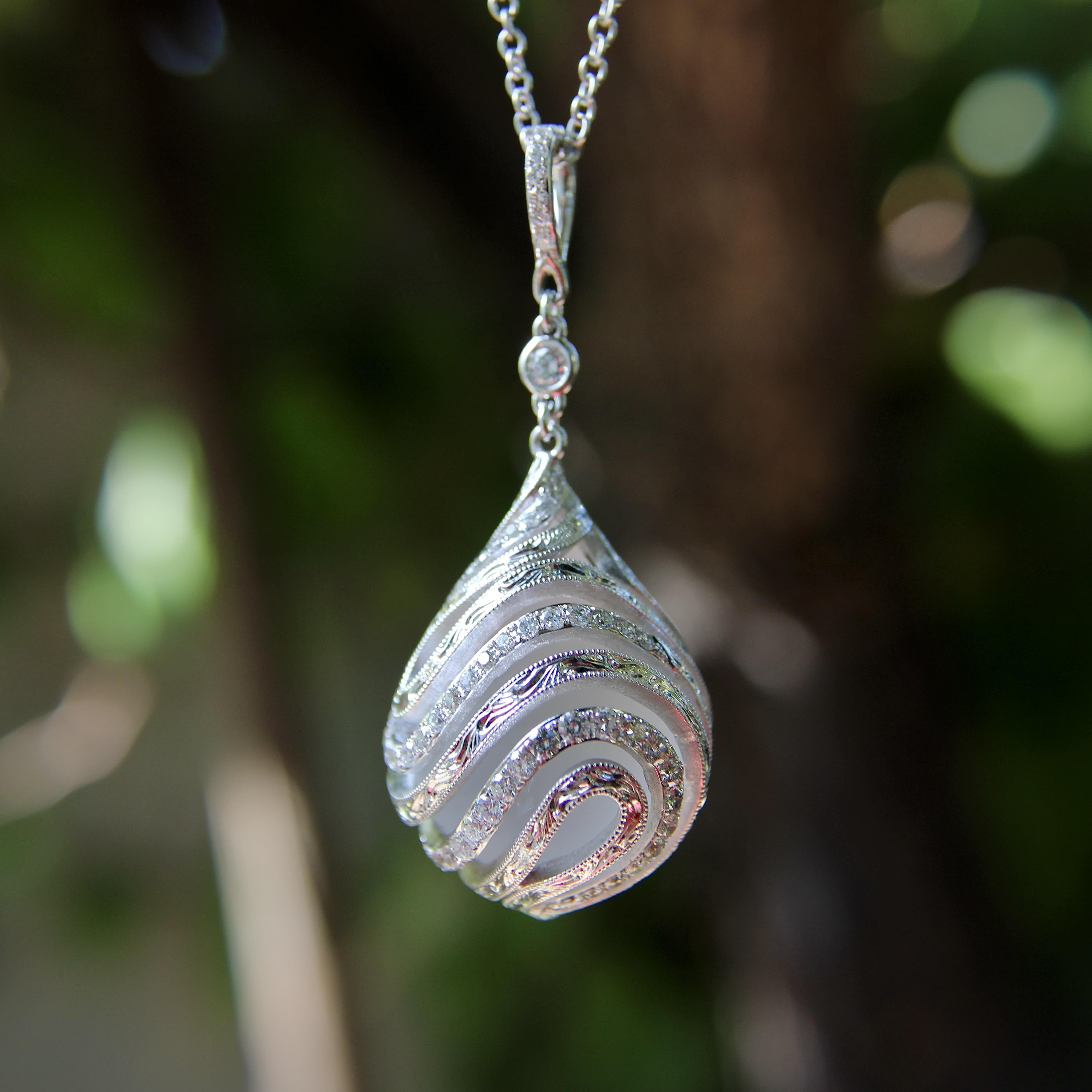 18K White Gold Diamond Drop Rock Crystal Necklace w/ Hand Engraved Cage Setting In Excellent Condition For Sale In Venice, CA