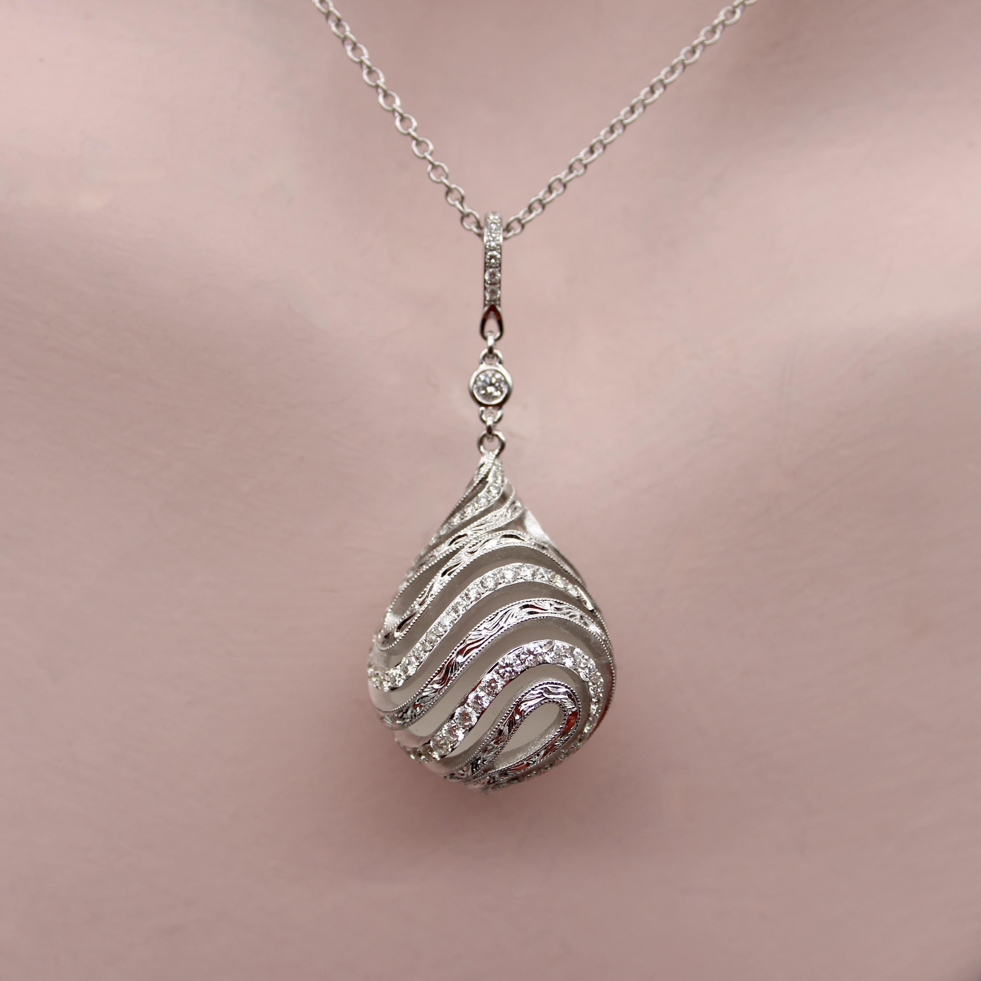 Women's or Men's 18K White Gold Diamond Drop Rock Crystal Necklace w/ Hand Engraved Cage Setting For Sale