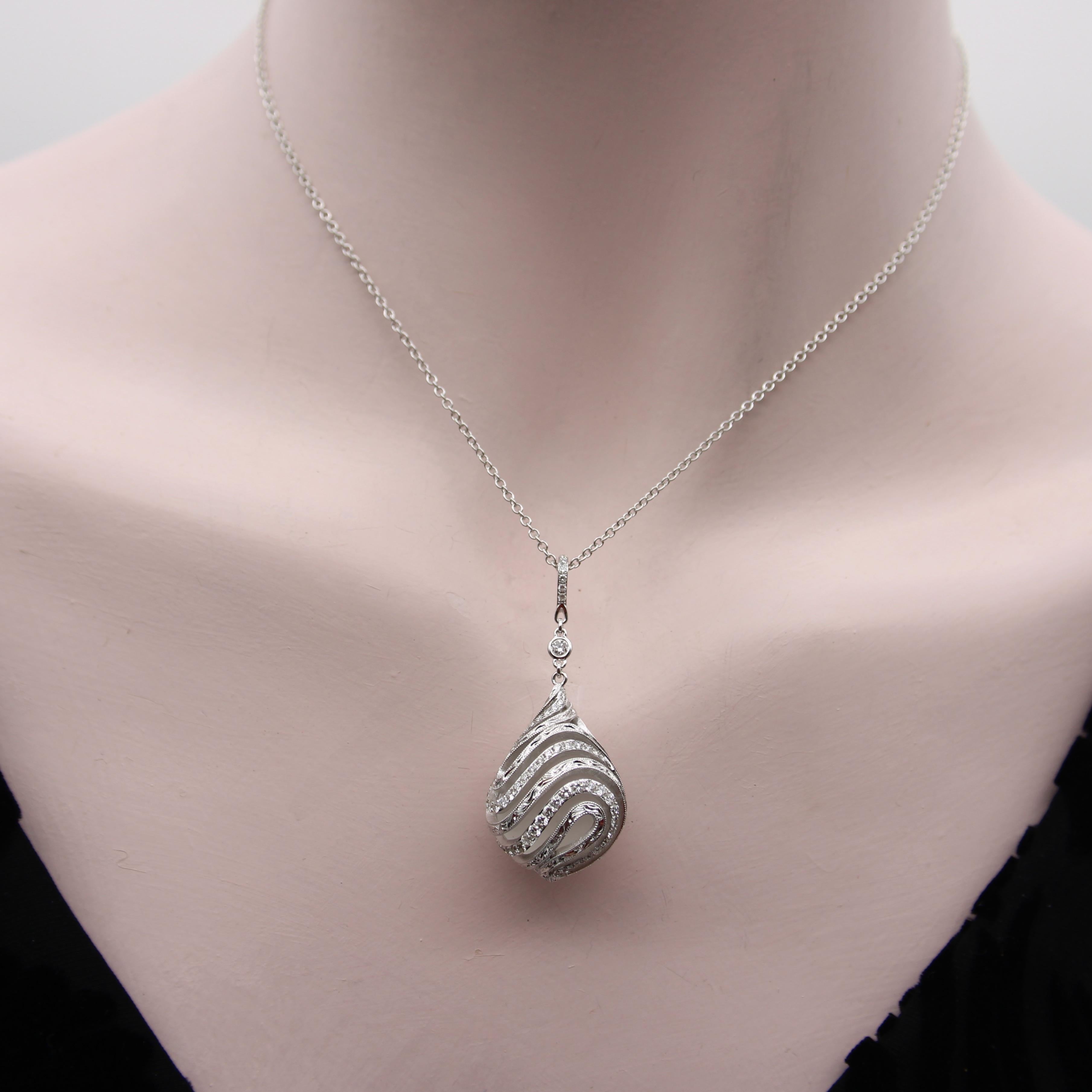 18K White Gold Diamond Drop Rock Crystal Necklace w/ Hand Engraved Cage Setting For Sale 1