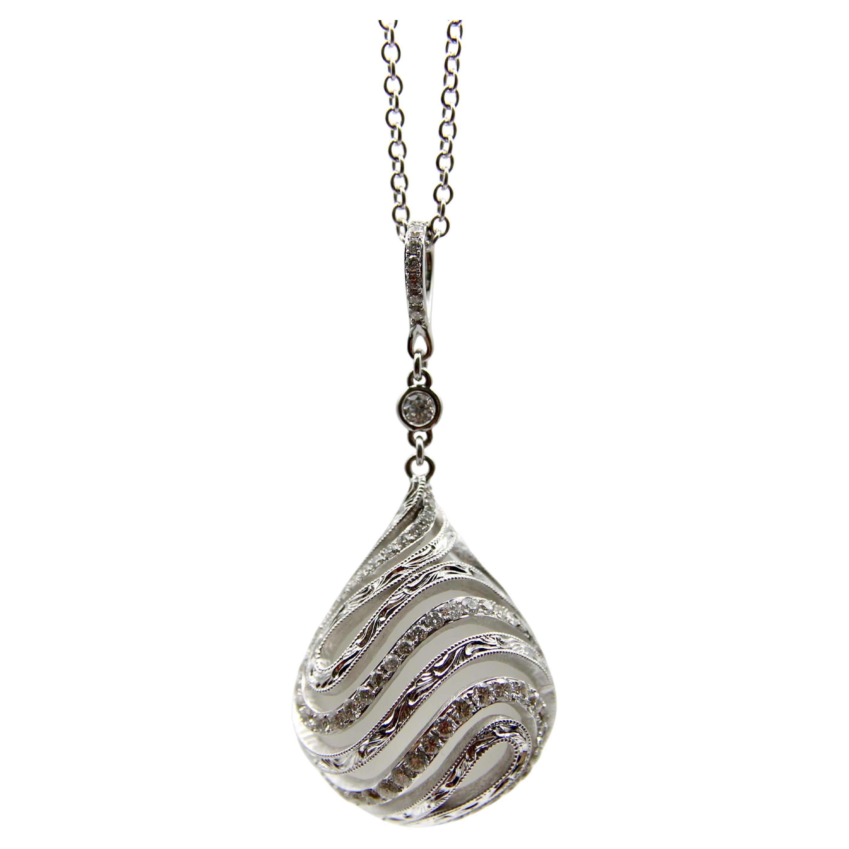 18K White Gold Diamond Drop Rock Crystal Necklace w/ Hand Engraved Cage Setting For Sale