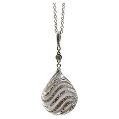 Vintage 18K White Gold Diamond Drop Rock Crystal Necklace w/ Hand Engraved Cage Setting