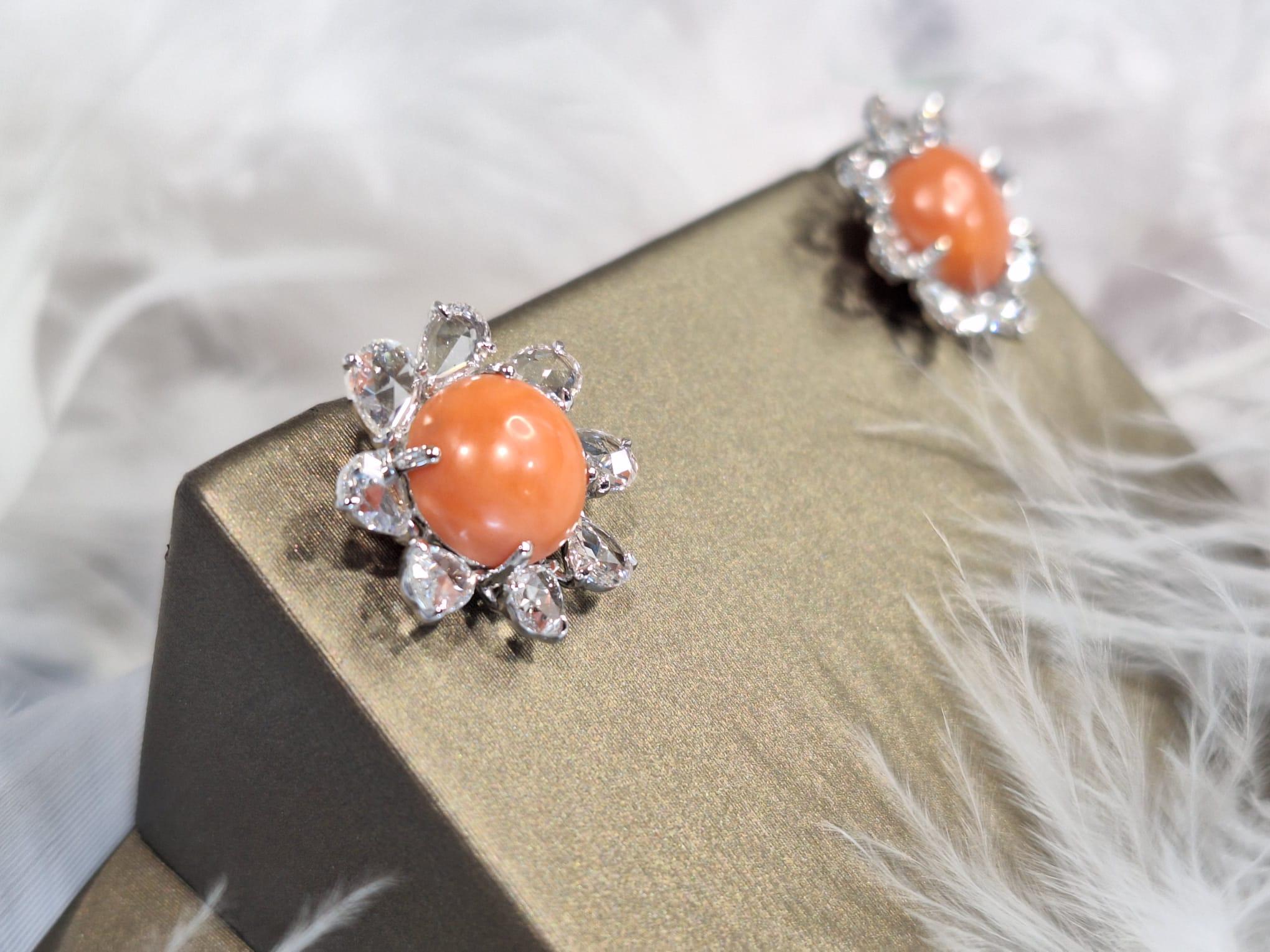 18K White Gold Diamond Earring with Coral For Sale 1