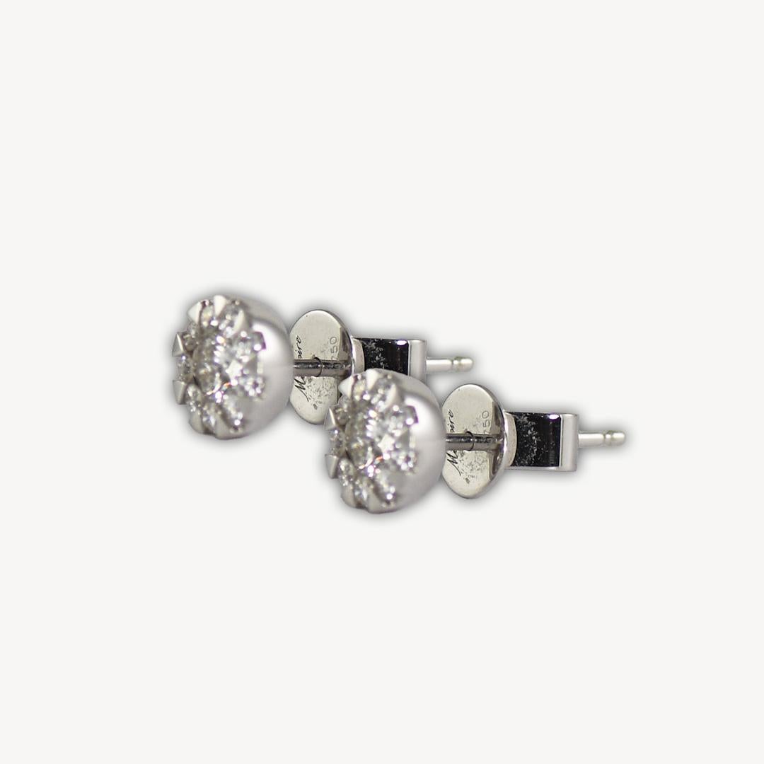 Diamond cluster stud earrings in 18k white gold settings.
Stamped AU 750 and weighs 2.3 grams gross weight.
The settings are an illusion style making the diamonds look like one big diamond. 
All the diamonds are round brilliant cuts.
The center