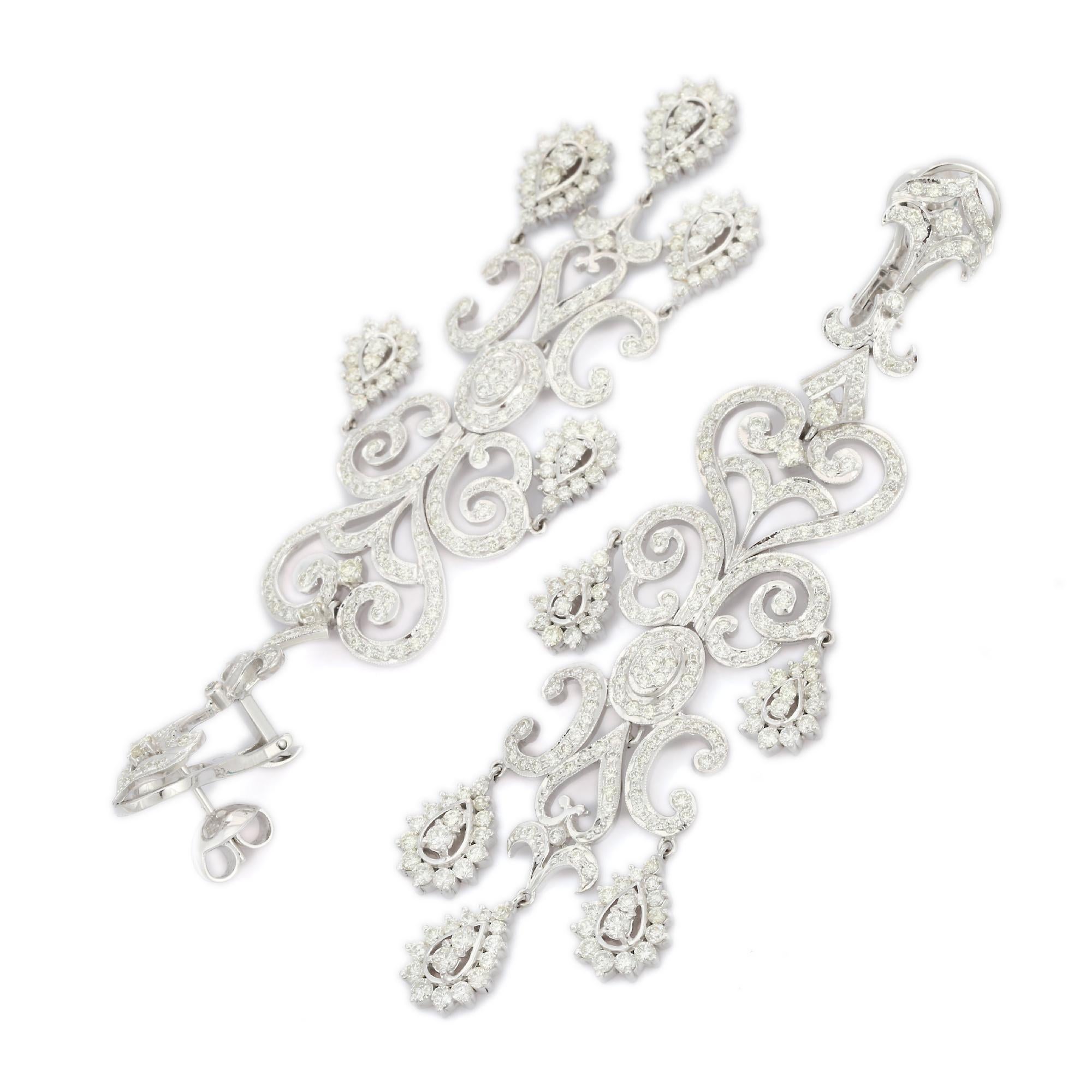 Modern 18kt Solid White Gold Genuine 10.76 Carats Diamond Chandelier Earrings For Sale